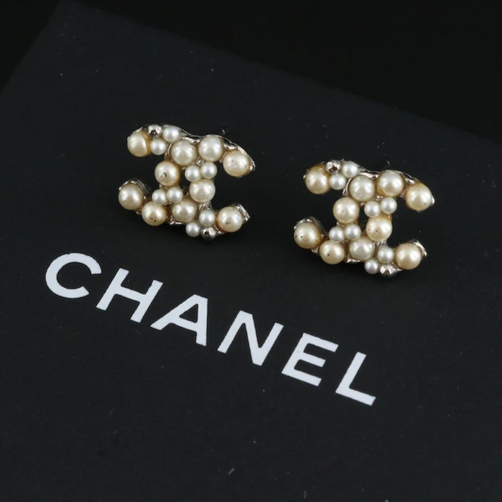 Chanel CC Logo Faux Pearl Stud Earrings